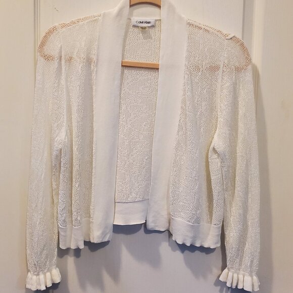 🤍 Calvin Klein Cropped Open Knit Cardigan Shrug - Ruffle Cuff -  M - Picture 1 of 4